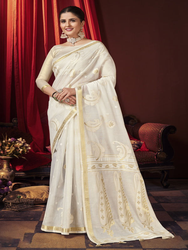 White Chanderi Cotton Saree-Sifha-4