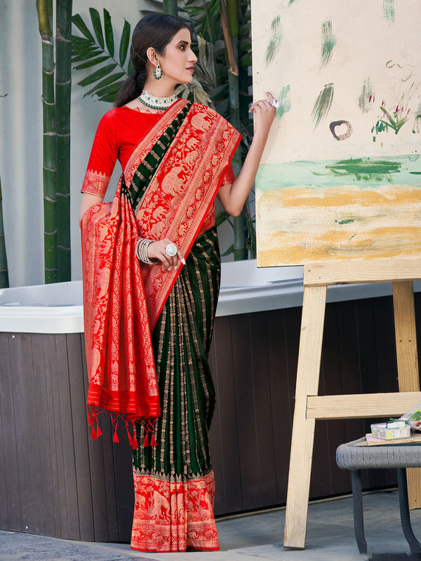 Bottle Green & Red Chanderi Silk Saree