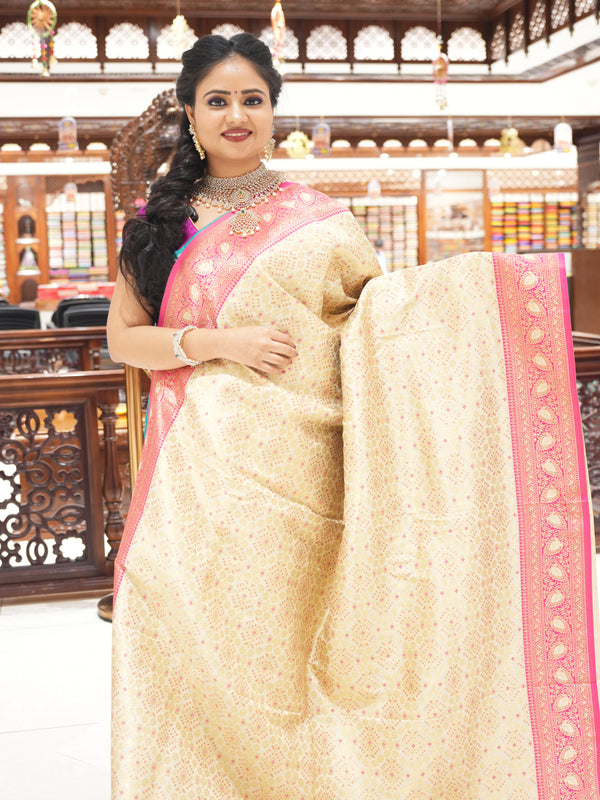 CSM-17804 | Cream & Pink Banaras Silk Saree