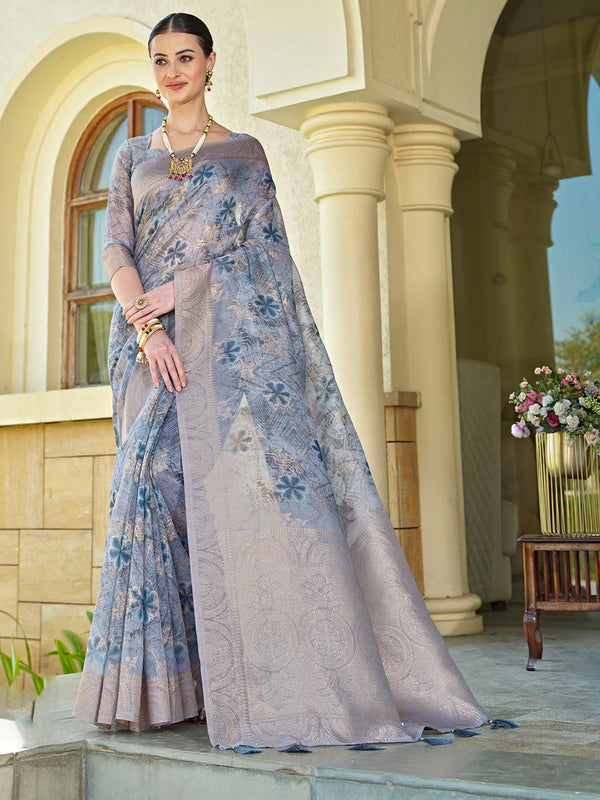 Light Grey Chanderi Silk Saree