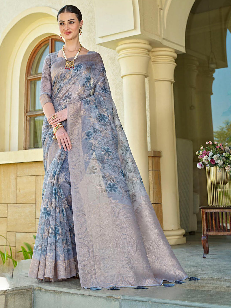 Light Grey Chanderi Silk Saree