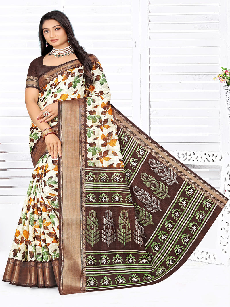 White & Coffee Brown Jute Silk  saree | BUY 1 GET 1 FREE