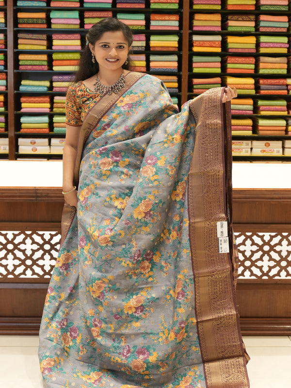 CSM-19427 |Grey Printed Silk Saree