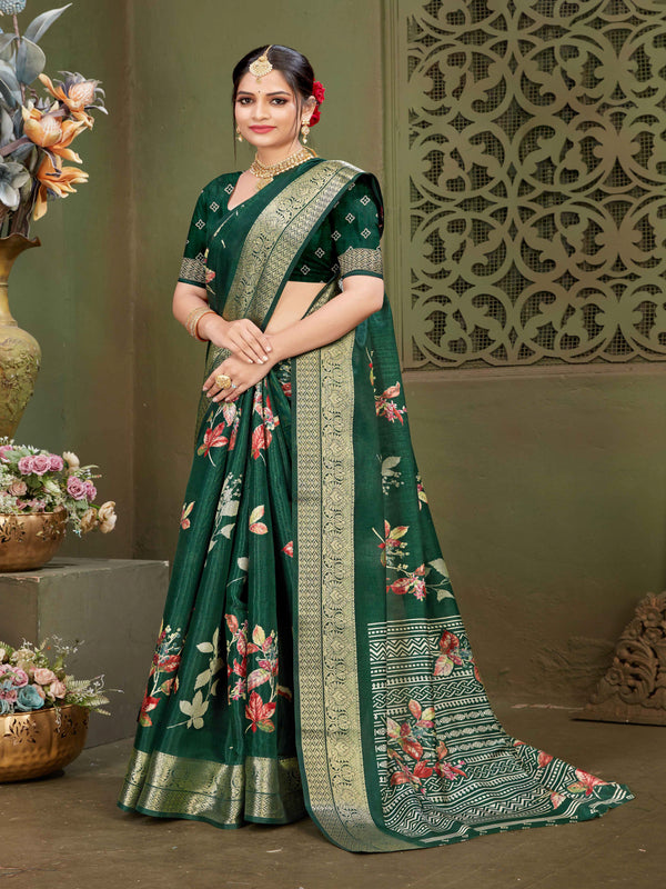 Green Chanderi silk  saree  | BUY 1 GET 1 FREE