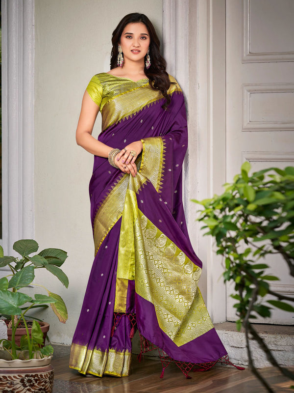 Purple & Mehandi Green Soft Banaras Silk Saree