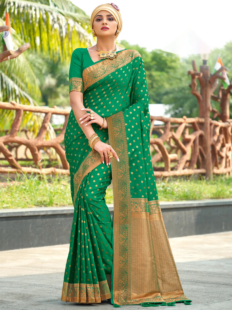 Green Satin Silk saree with Allover golden zari weaving flower buttas