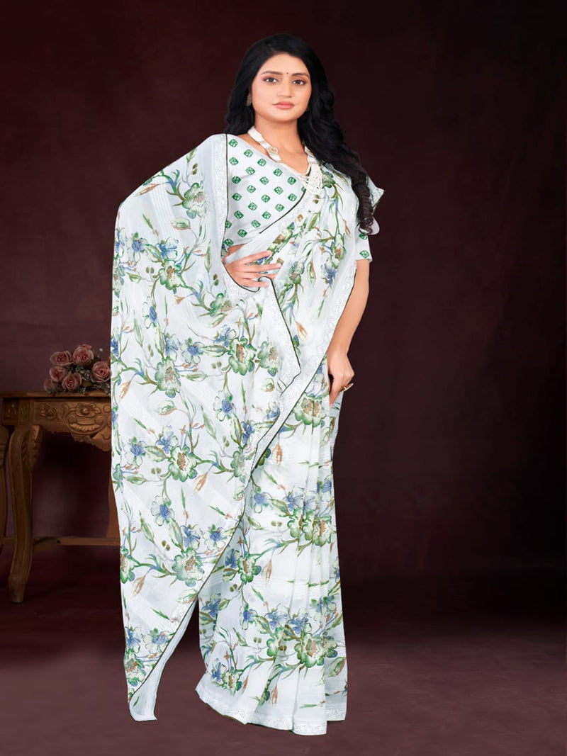 White & Blue  Chiffon saree