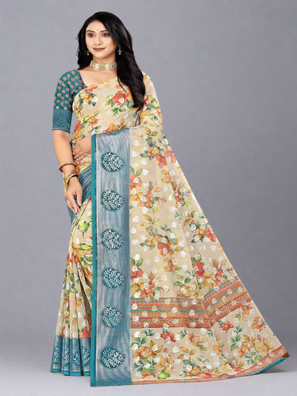 Cream & Peacock Blue Georgette Saree