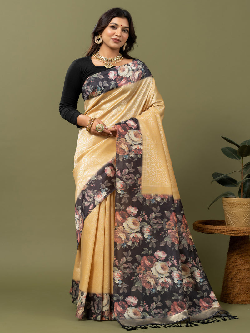 Light Yellow & Black Jute Silk Saree