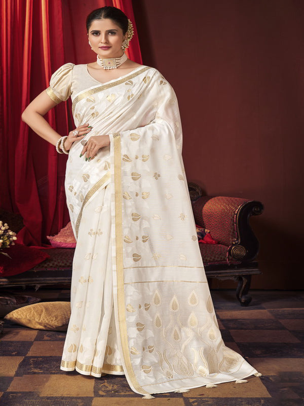 White Chanderi Cotton Saree-Sifha-3