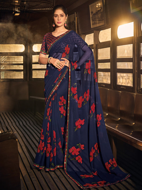 Navy Georgette Saree  | BUY 1 GET 1 FREE