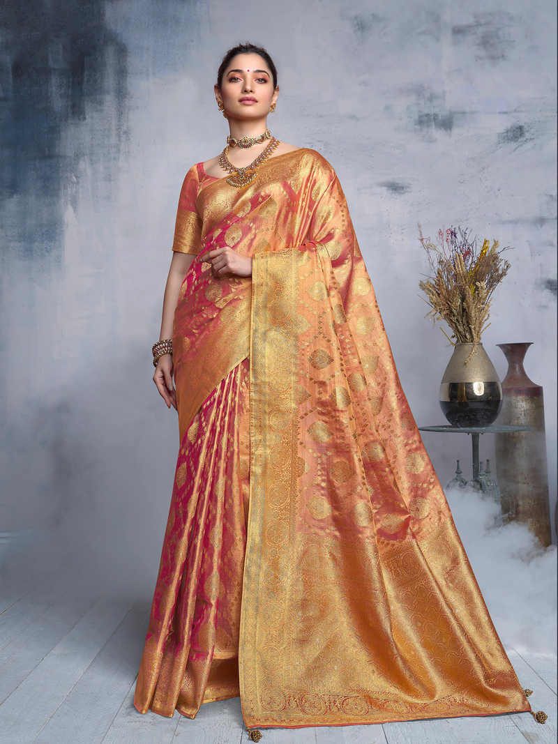 Pink Banaras Tissue Saree With Allover Golden Zari Weaving Small Bird And Big Buttas