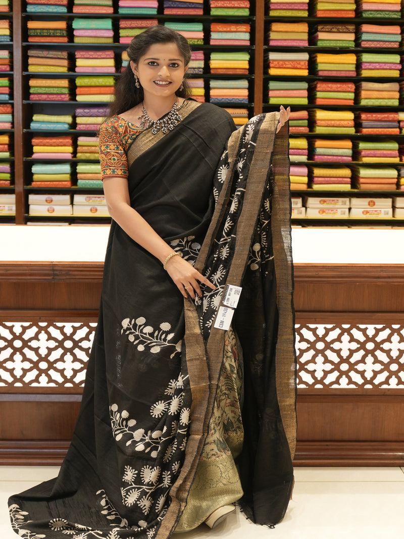 CSM-19430 |Black Linen Saree