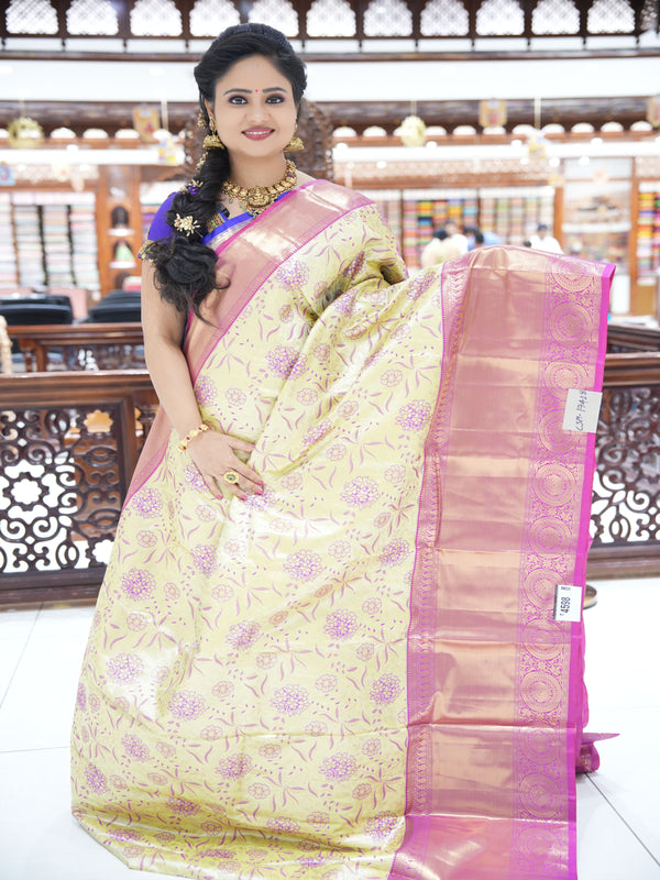 CSM-17428 | Neon Yellow & Rani Pink Kanchi Tissue Pattu Saree