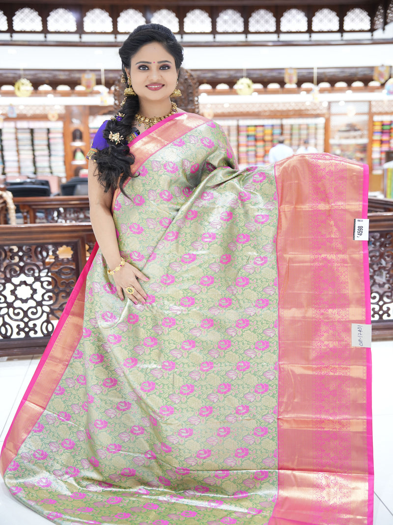 CSM-17431 | Mint Green & Rani Pink Kanchi Tissue Pattu Saree