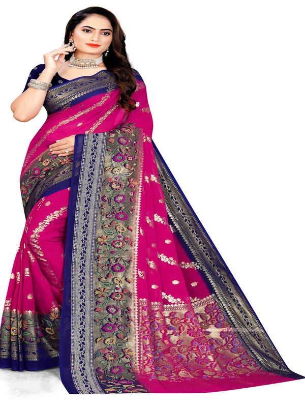 Rani Pink & Navy Chiffon saree | BUY 1 GET 1 FREE