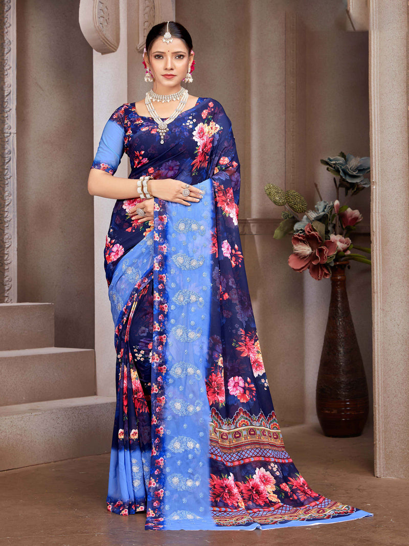 Peacock Blue Georgette  Saree