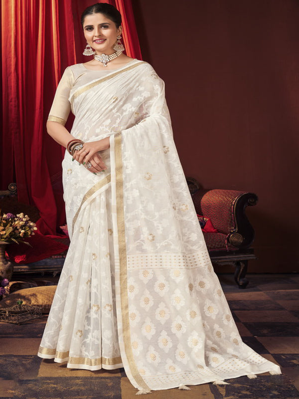 White Chanderi Cotton Saree-Sifha-2