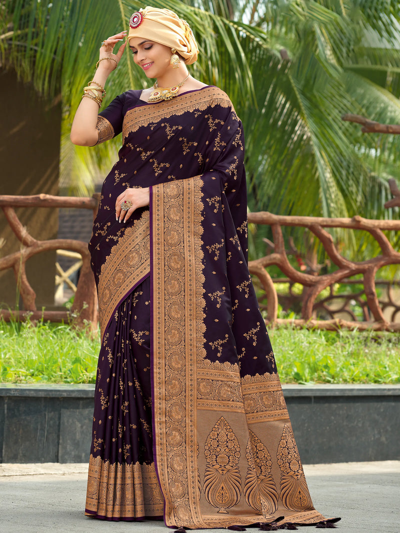 Purple Satin Silk saree with Allover coffer zari weaving flower buttas