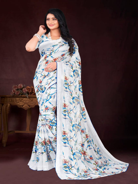 White & Blue  Chiffon saree