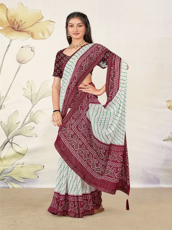 White & Maroon Chiffon Georgette  saree