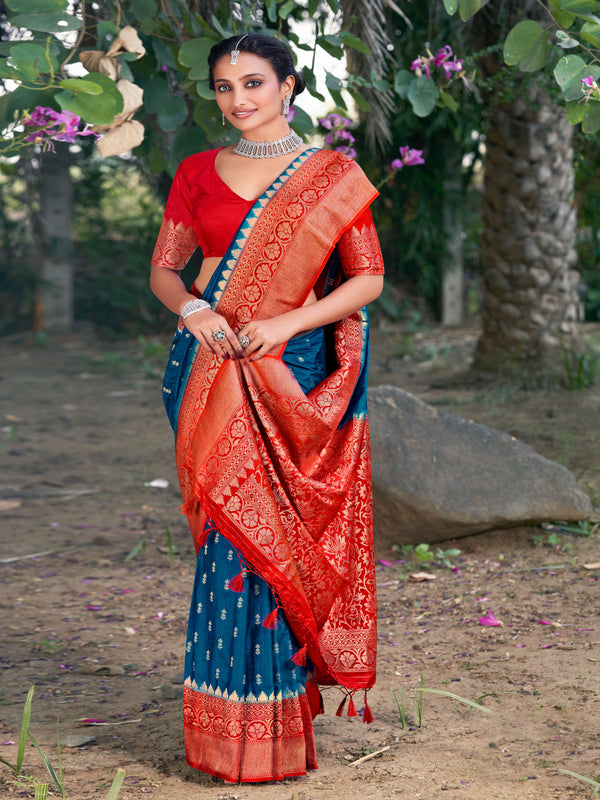 Peacock Blue & Red Banaras Silk Saree