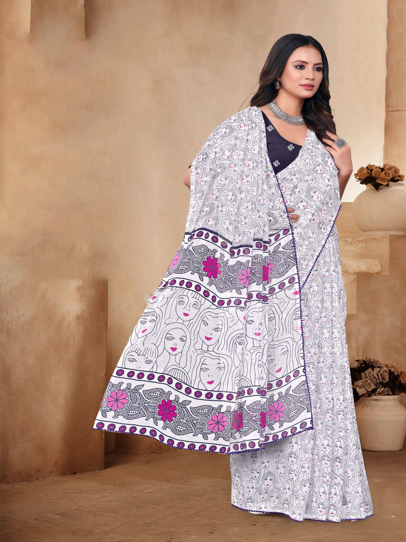 White & Purple Georgette Saree | BUY 1 GET 1 FREE