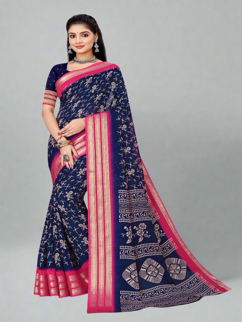 Grey & Magenta Moose Crepe Saree