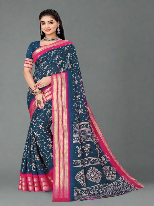 Grey & Magenta Moose Crepe Saree