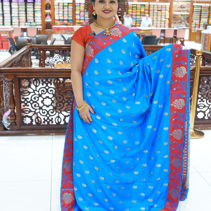 CSM-18733 | Tiffany Blue & Red Soft Silk Saree