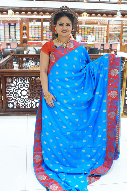 CSM-18733 | Tiffany Blue & Red Soft Silk Saree