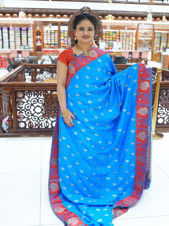 CSM-18733 | Tiffany Blue & Red Soft Silk Saree