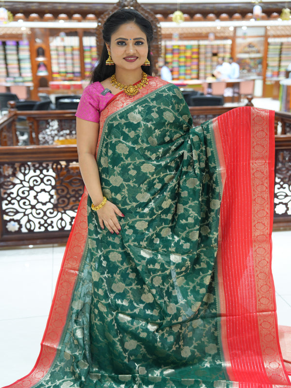 CSM-18765 | Bottle Green & Red Organza Saree