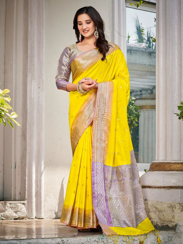 Yellow & Light Purple Soft Banaras Silk Saree