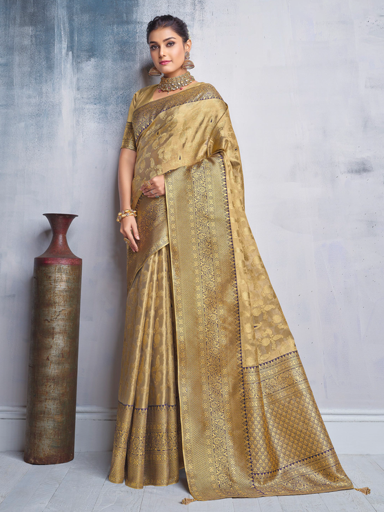 Gold & Navy Banaras Tissue Saree With Allover Golden Zari Weaving Flower Mango Buttas