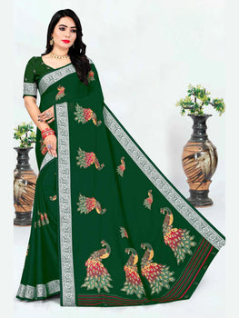 Bottle Green Georgette Saree With Allover Peacock Design