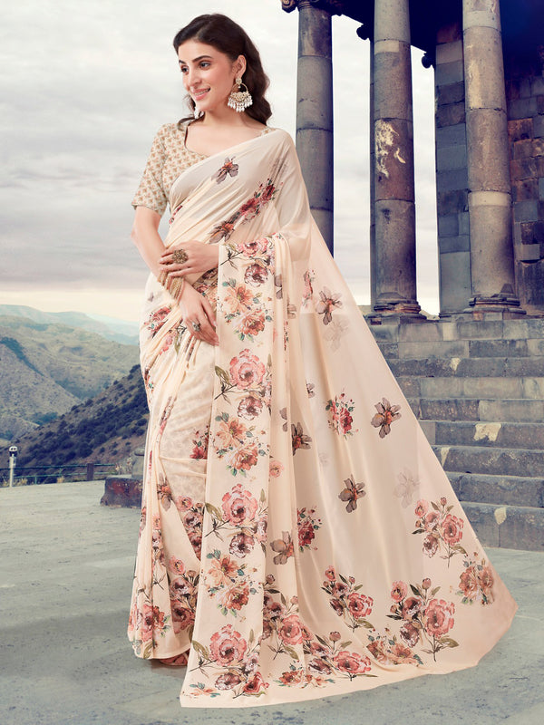 Cream Georgette Saree