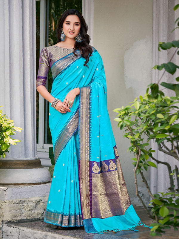 Tiffany Blue & Navy Soft Banaras Silk Saree
