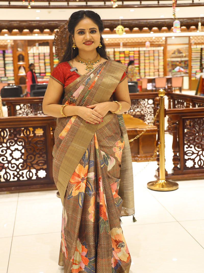 CSM-18574 | Olive Tussar Printed Silk  Saree