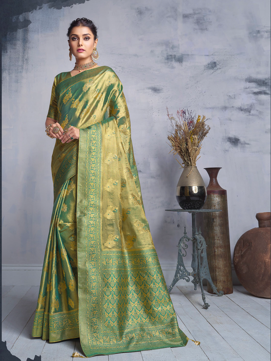 Light Blue Banaras Tissue Saree With Allover Golden Zari Weaving  Big Flower Buttas