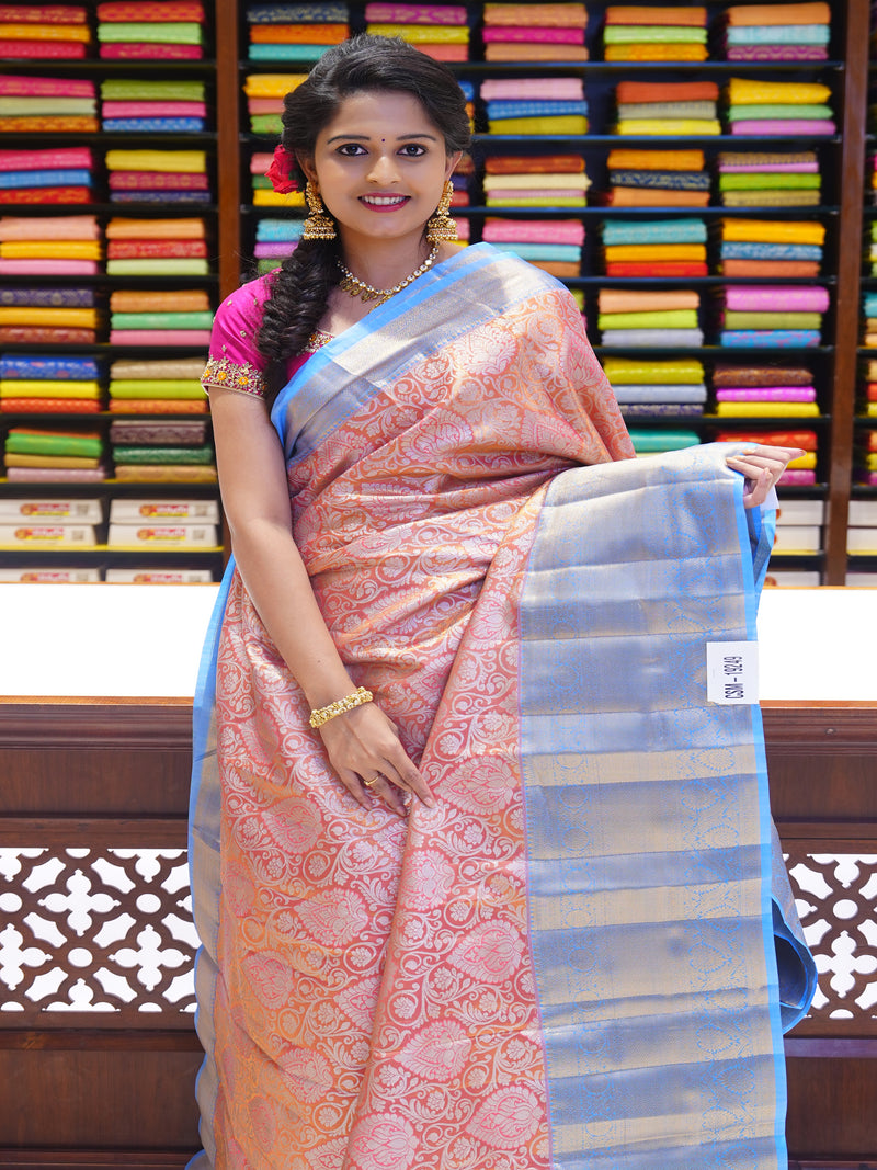 CSM-19249 | Coral & Light Blue Kanchi Padiya Pattu Saree