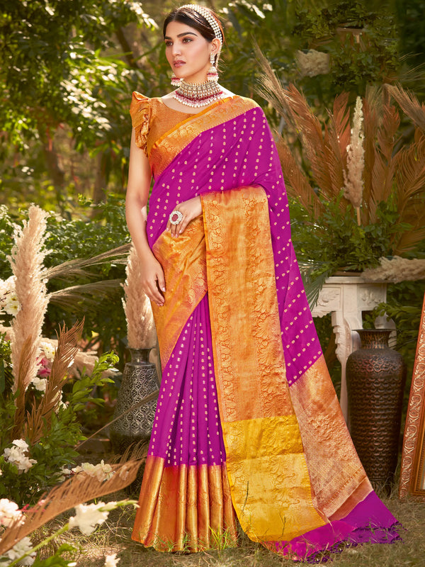Magenta Soft Chanderi Silk Saree With Allover Golden Zari Weaving  Samll Flower Buttas