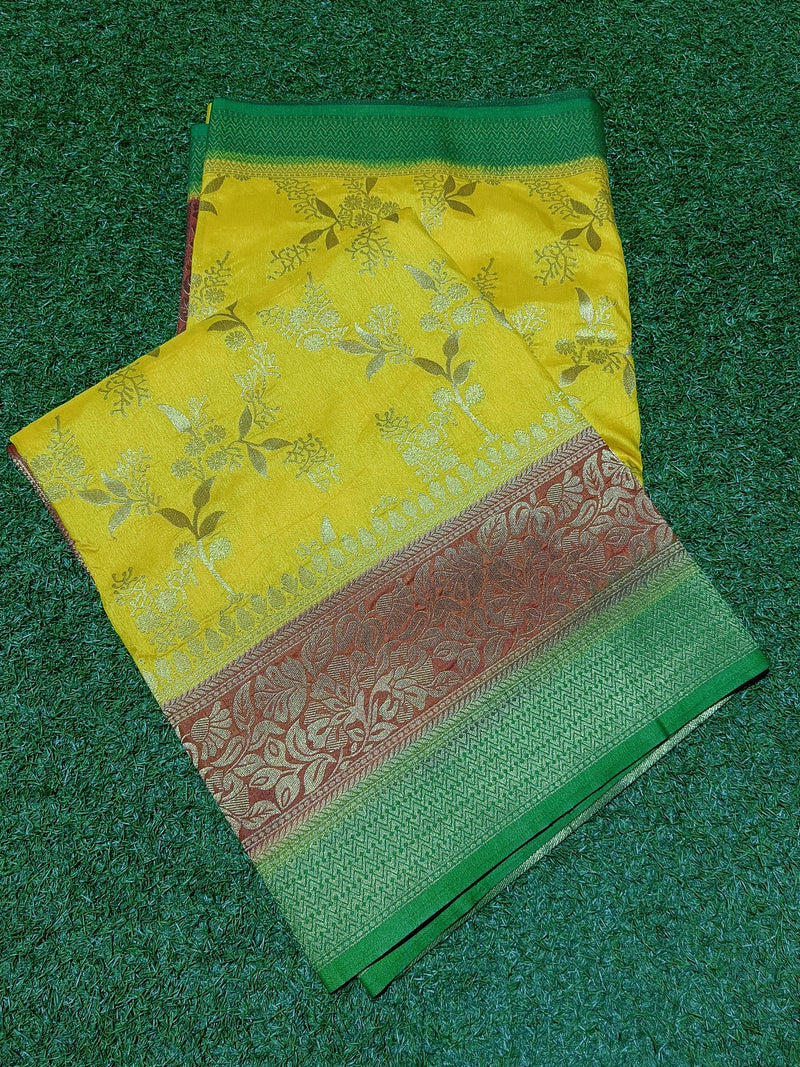Yellow Soft Banaras Silk Saree With Allover Golden Zari Weaving Flower Leaf  Jall Design\