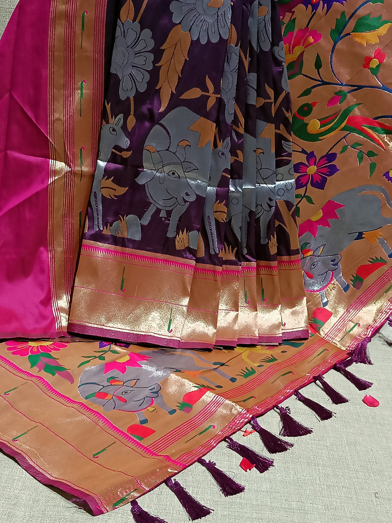 Purple Paithani Silk Saree With Allover Kalamkari Design Along With Paithani Border