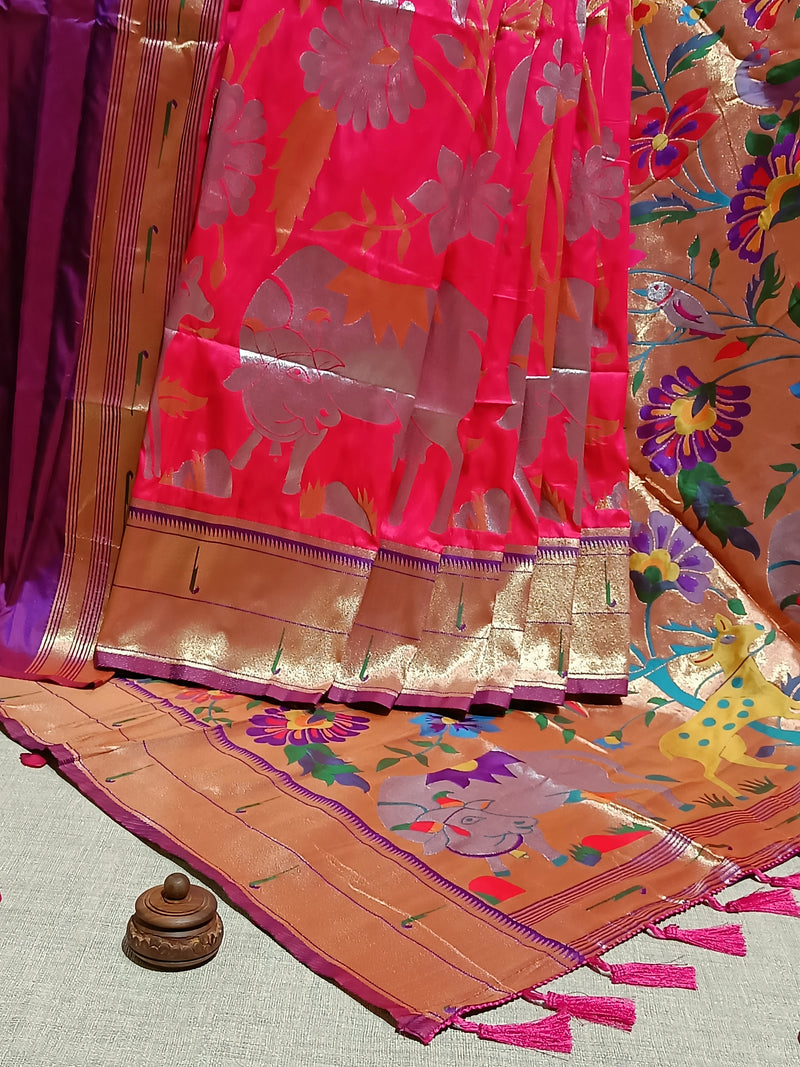 Rani Pink Paithani Silk Saree With Allover Kalamkari Design Along With Paithani Border