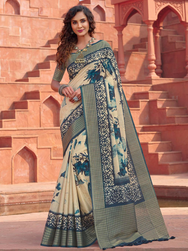 Teal  Blue Soft Raw Silk Saree With Allover Graph Floral Print