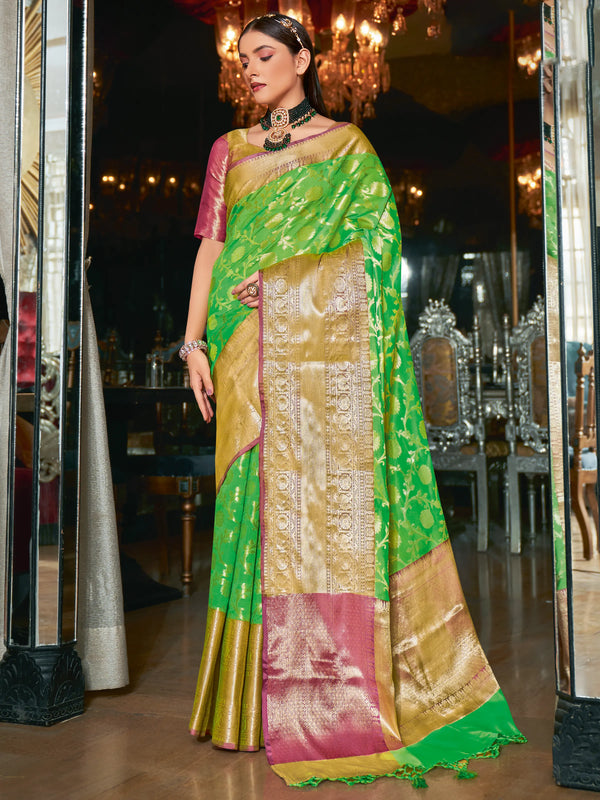 Parrot Green Soft Chanderi Silk Saree With Allover Golden Zari Flower & Leaf Jaal Design