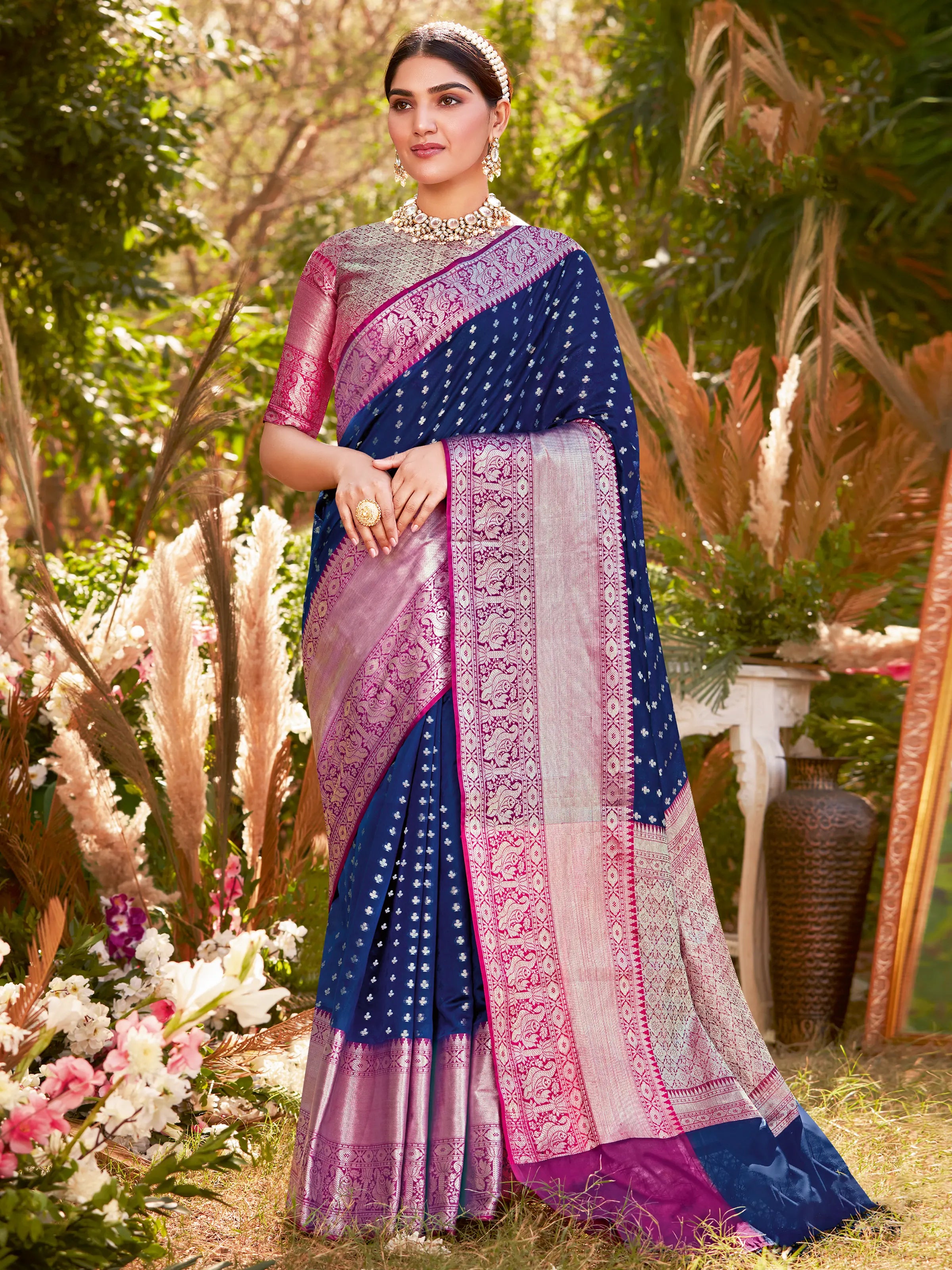 Royal Blue & Hot Pink Color Pure Katan Banarasi Saree | Silk saree blouse  designs, Indian saree blouses designs, Blue silk saree