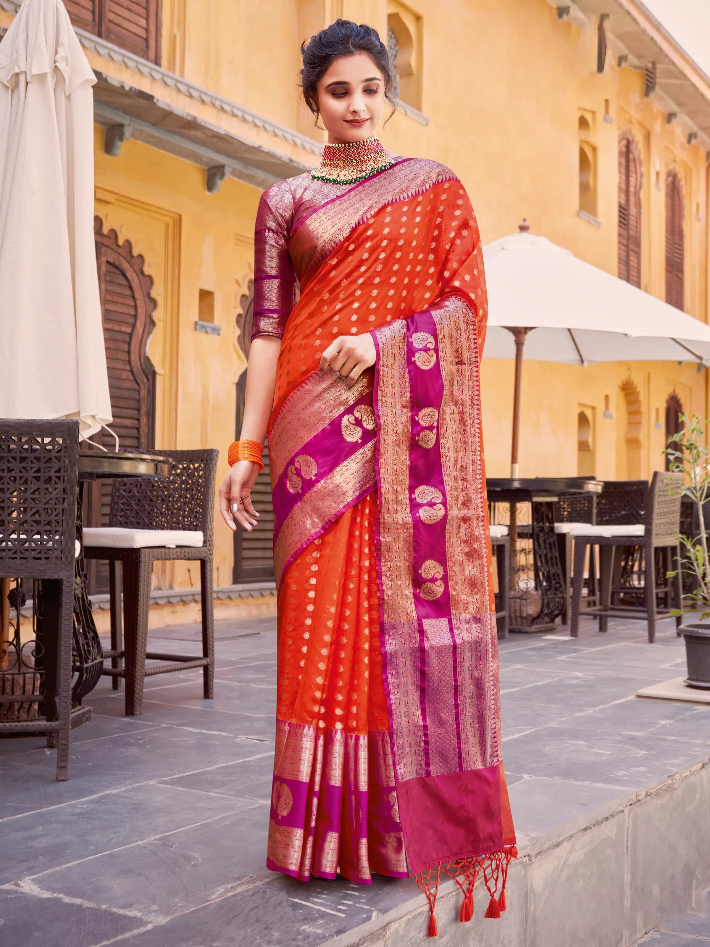 Exquisite Chanderi Silk Saree in Mustard Pink Shot Color with Meenakar –  Shobitam