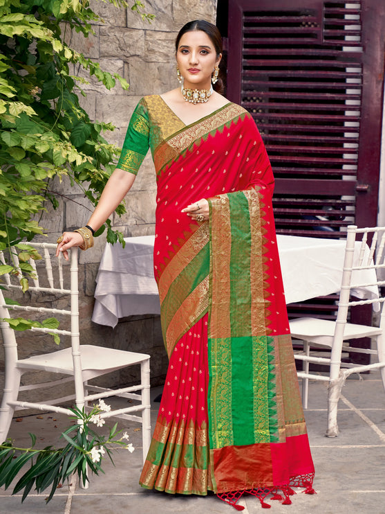 Red  & Green Soft Banaras Silk Saree With Allover Golden Zari Small Buttas